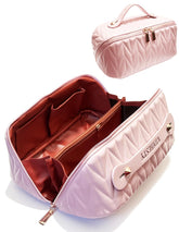 VIDIBESTY travel makeup bag pink full view shows spacious capacity.