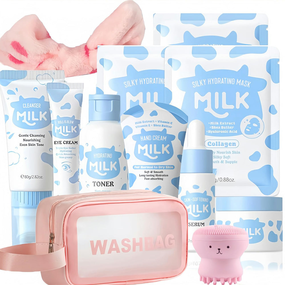 Vienflona Milk Skincare Set packaging on a desk, ready for travel-friendly hydration