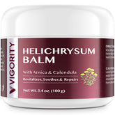Vigority Helichrysum Balm jar closeup shows whipped texture for nourishing skin.