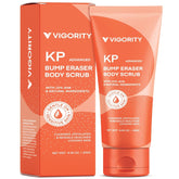 Vigority KP Bump Eraser scrub packaging showcases vegan formula and spa-like exfoliation
