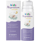Vigority Magnesium Sleep Lotion bottle pump shows calming bedtime routine for kids and babies.