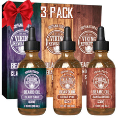 Viking Revolution 3-pack beard oil box—gift-ready premium packaging.