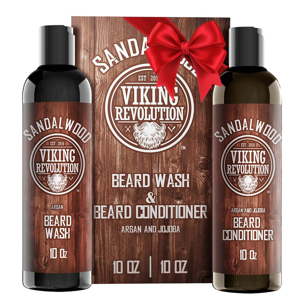 Viking Revolution beard wash bottle highlights deep cleansing for healthier beard.