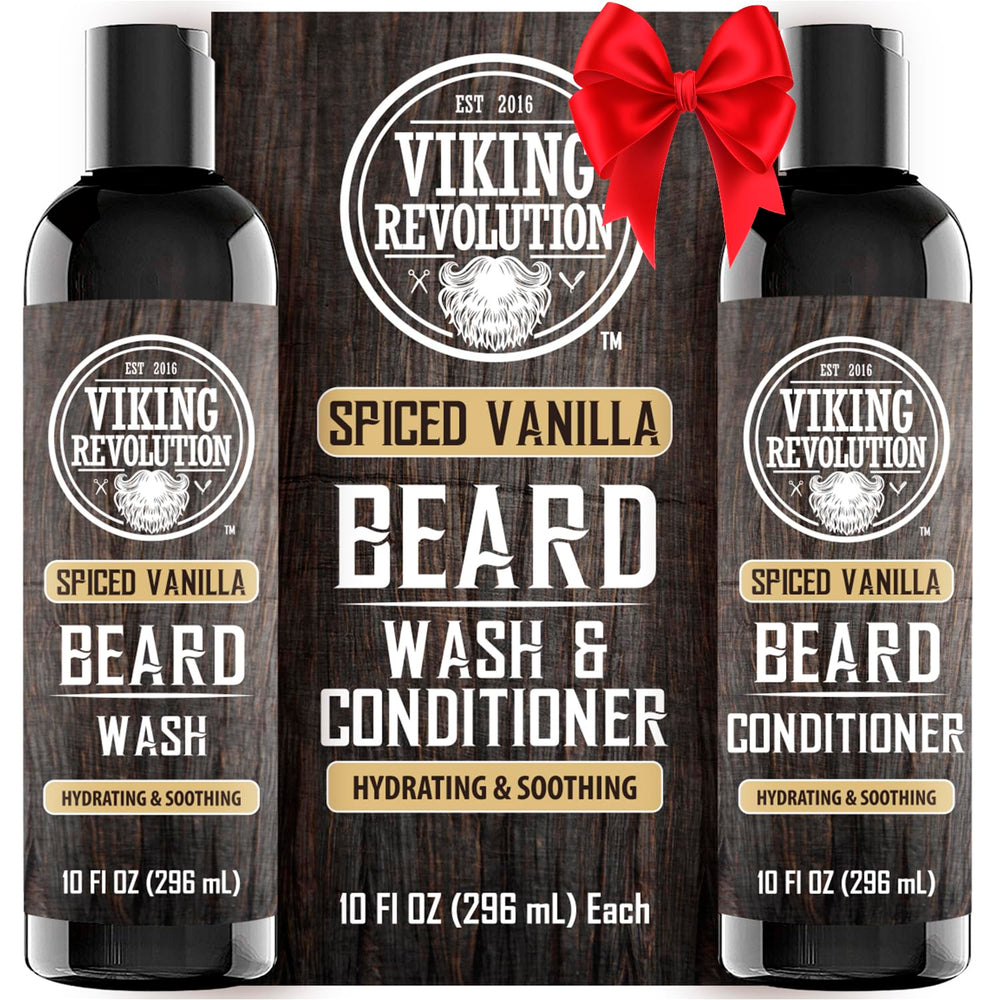 Viking Revolution beard wash bottle with spiced vanilla scent for deep cleansing.