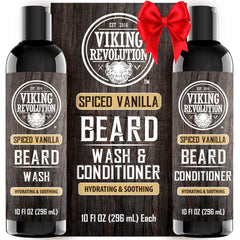 Viking Revolution beard wash bottle with spiced vanilla scent for deep cleansing.