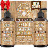 Viking Revolution Palo Santo beard wash bottle highlighting refreshing cleanse for healthier beard
