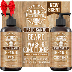 Viking Revolution Palo Santo beard wash bottle highlighting refreshing cleanse for healthier beard