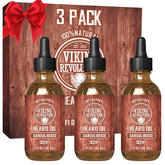 Viking Revolution sandalwood beard oil bottle shows natural formula for smoother facial hair