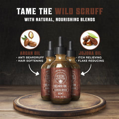 Viking Revolution sandalwood beard oil close-up reveals argan and jojoba oils