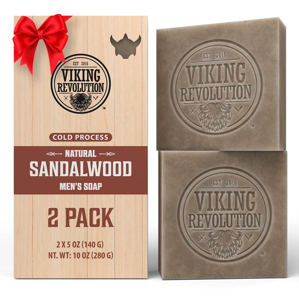 Viking Revolution sandalwood soap bar closeup showing rich lather for a refreshing cleanse.