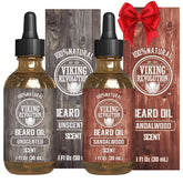 Viking Revolution sandalwood unscented beard oil bottle for daily conditioning and smoother beard.