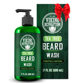 Viking Revolution Tea Tree Beard Wash bottle for refreshing cleanse and beard softness.