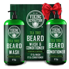 Viking Revolution Tea Tree Beard Wash bottle shows refreshing cleanse for daily beard care.