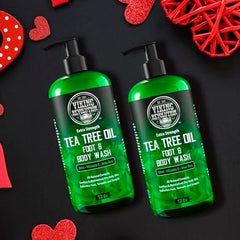 Viking Revolution Tea Tree Oil Body Wash bottle-back highlights label with ingredients and usage guidance.