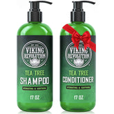 Viking Revolution Tea Tree Shampoo bottle closeup highlights refreshing cleanse and natural aroma