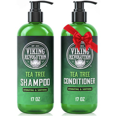 Viking Revolution Tea Tree Shampoo bottle closeup highlights refreshing cleanse and natural aroma