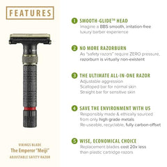 Vikings Blade Emperor Meiji adjustable head demonstrates customizable shaving aggressiveness.