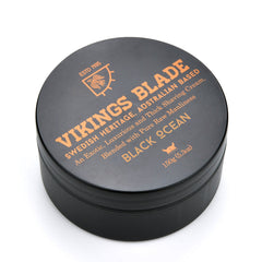 Vikings Blade Luxury Shaving Cream Black Ocean bottle evokes premium grooming ritual.