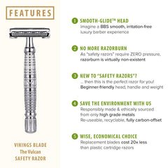 Vikings Blade razor head close-up showing durable metal finish for lasting use.