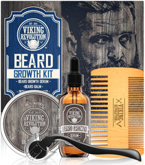 Viking Revolution beard growth kit oil bottle close-up, nourish facial hair daily.