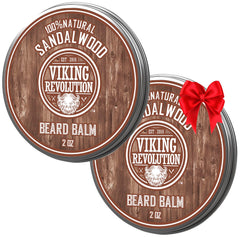 Viking Revolution sandalwood beard balm jar close-up signaling conditioning with argan and jojoba oils.
