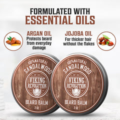 Viking Revolution sandalwood balm packaging shot emphasizes natural ingredients and premium beeswax.