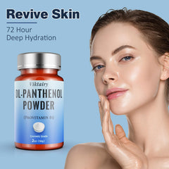 Viktairy DL-Panthenol powder dispense shot suggests easy water-phase mixing for formulas.