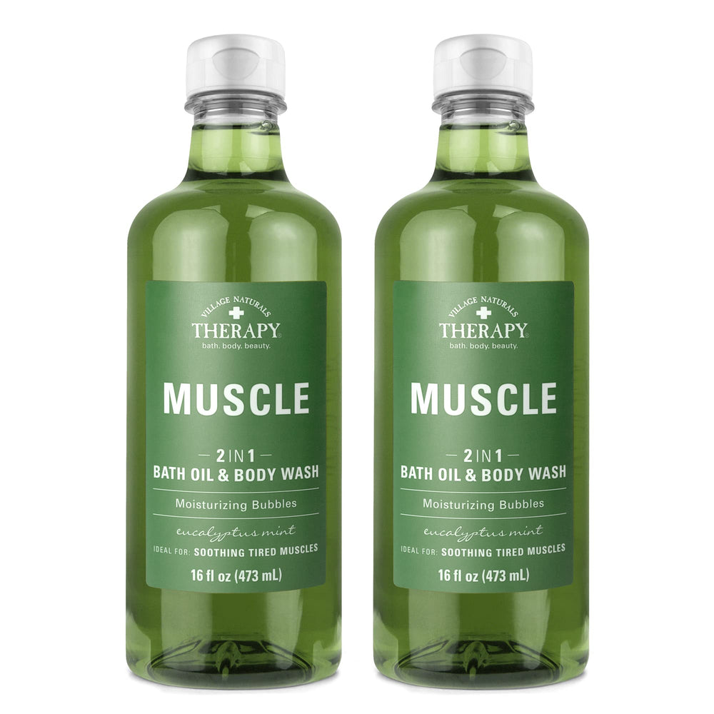 Village Naturals Therapy Muscle Foaming Bath Oil poured into tub for soothing soak.