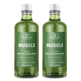 Village Naturals Therapy Muscle Foaming Bath Oil poured into tub for soothing soak.