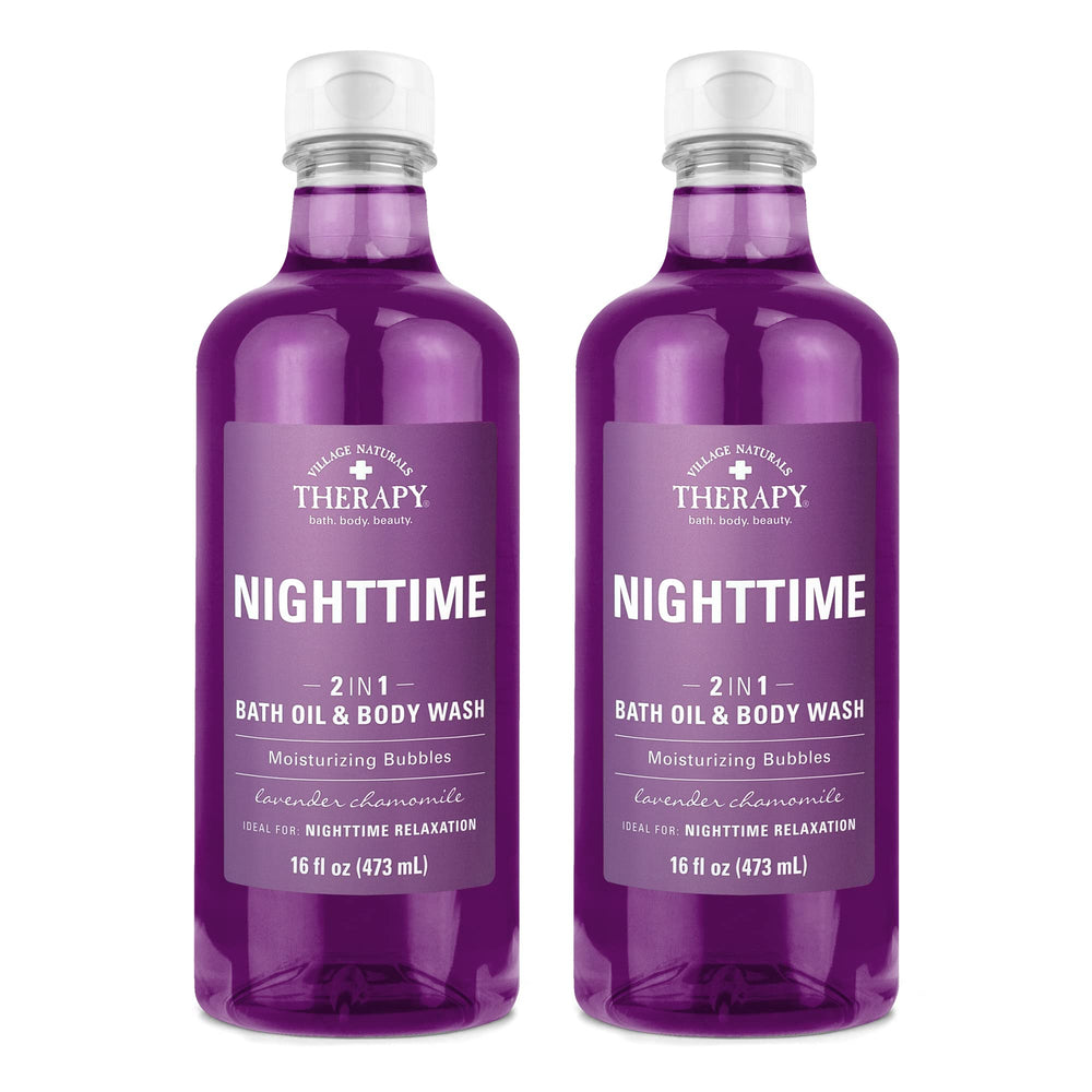 Village Naturals Therapy Nighttime Relief bottle front for calming nightly bath ritual