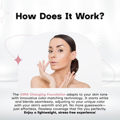 Vima foundation close-up highlights SPF 30 protection and lightweight feel.