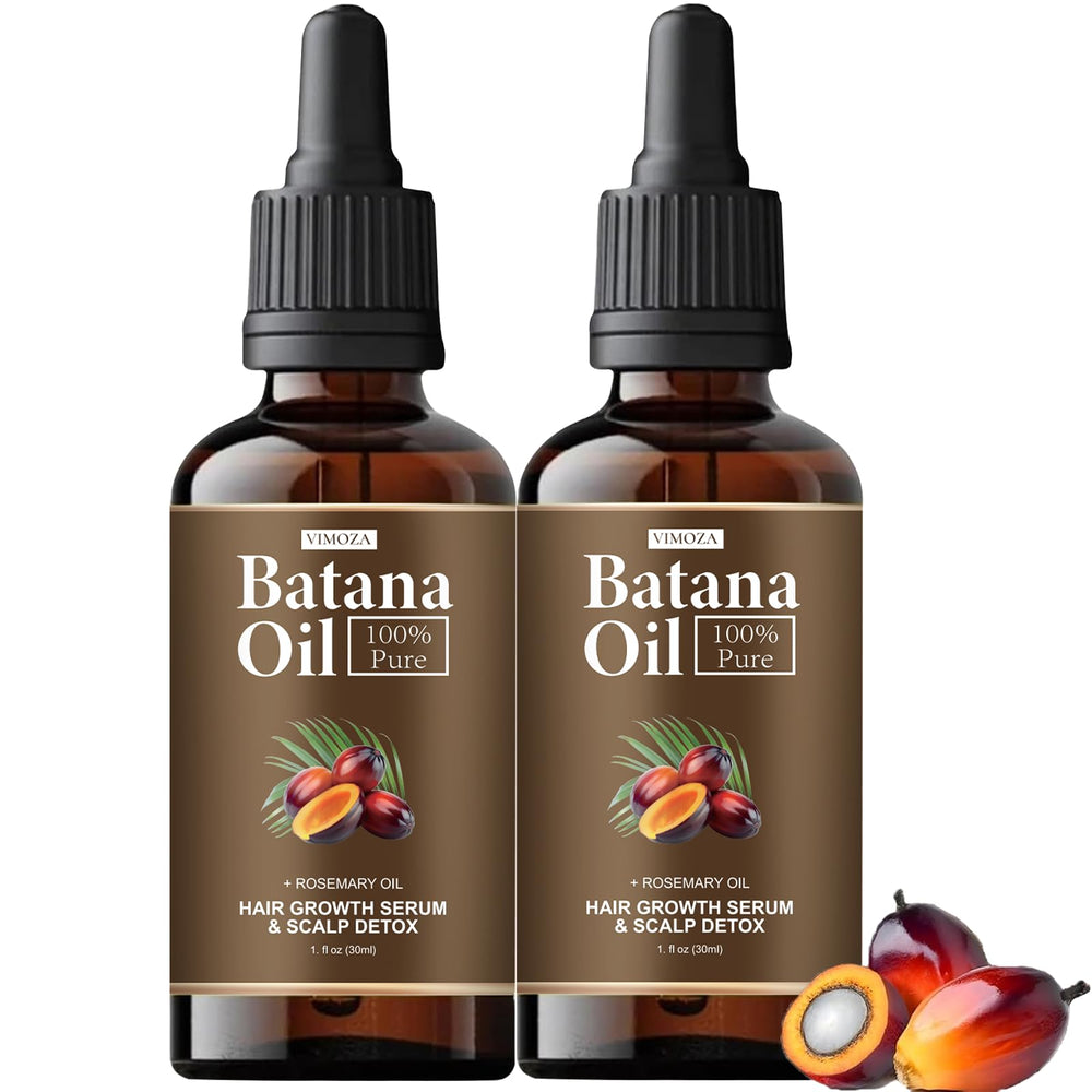 VIMOZA Batana Oil packaging shows eco-friendly bottle for premium at-home hair care