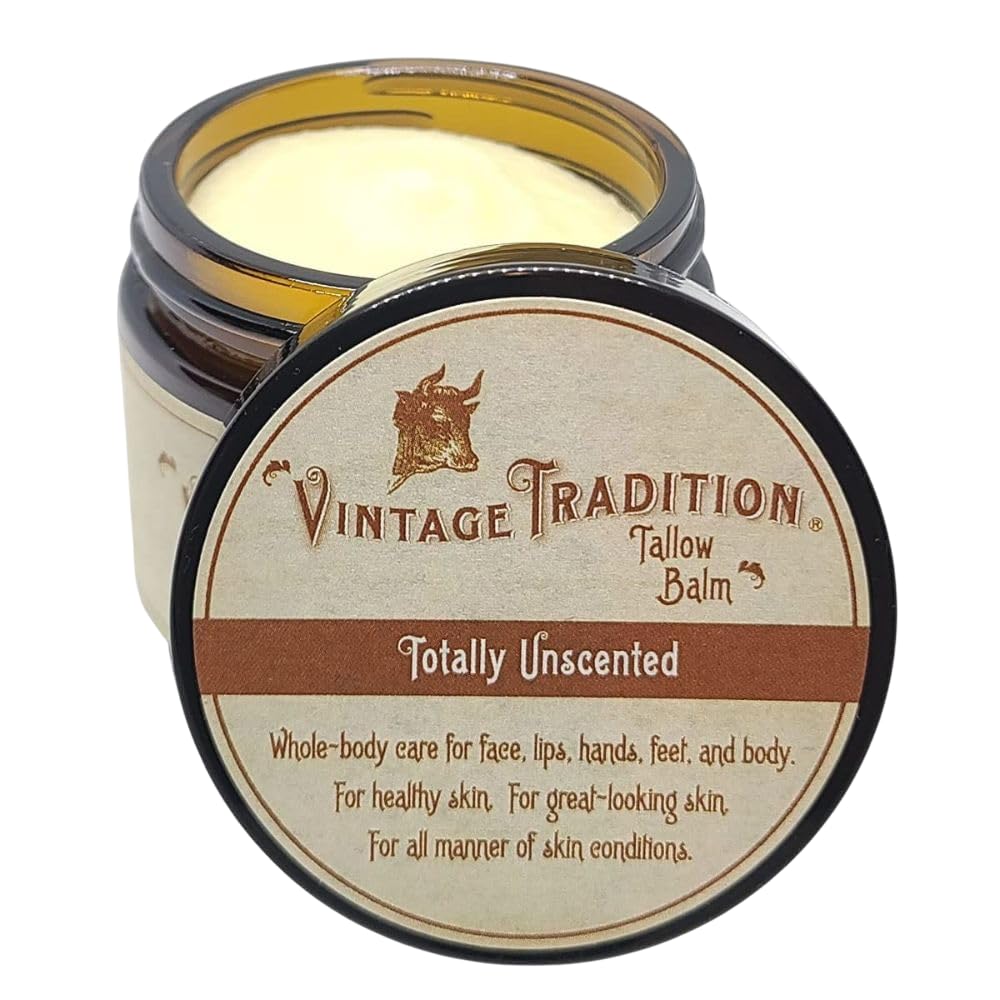 Vintage Tradition beef tallow balm unscented jar closeup highlighting soothing hydration for sensitive skin.