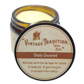 Vintage Tradition beef tallow balm unscented jar closeup highlighting soothing hydration for sensitive skin.