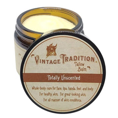 Vintage Tradition beef tallow balm unscented jar closeup highlighting soothing hydration for sensitive skin.