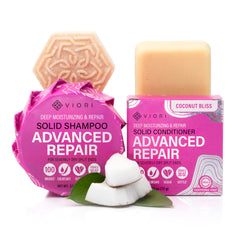 Viori Coconut Advanced Repair Shampoo Bar close-up, highlighting gentle cleanse and hydration for dry, frizzy hair