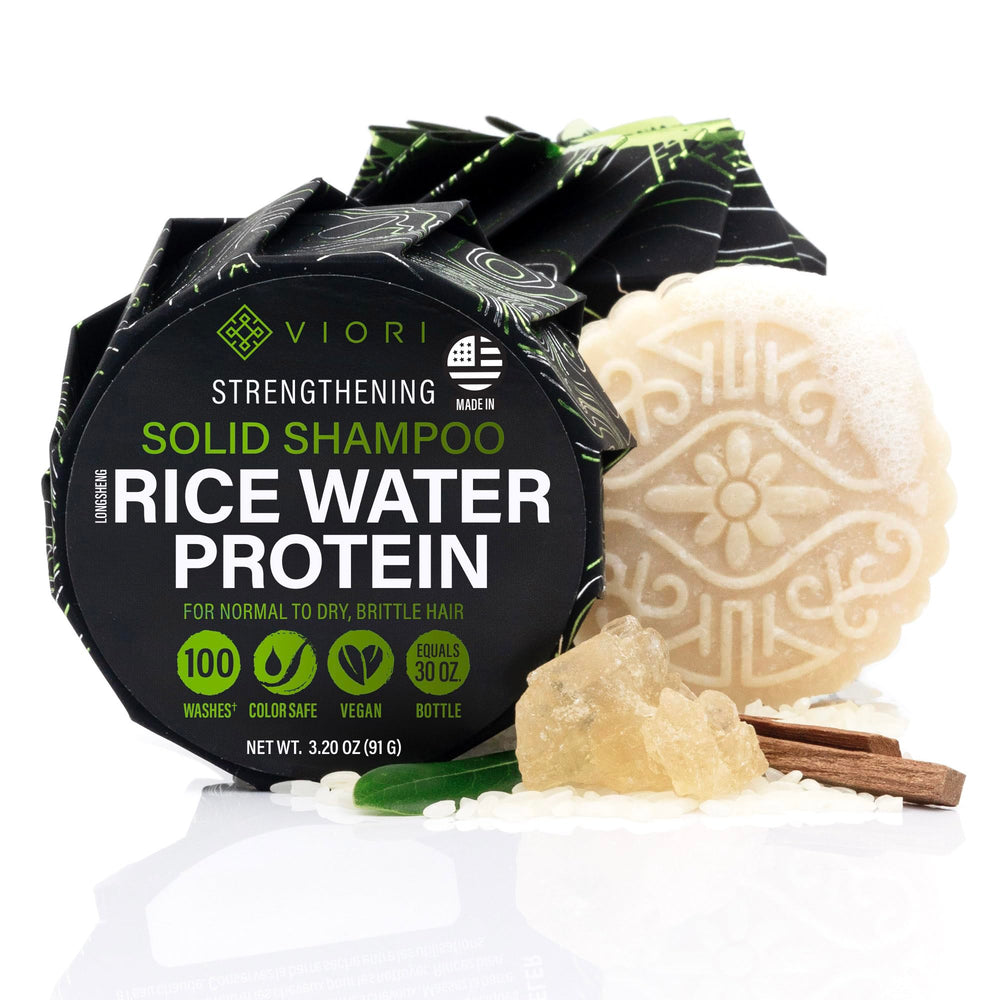 Viori Hidden Waterfall Shampoo Bar packaging showcases eco-friendly design and rice water benefits for hair.