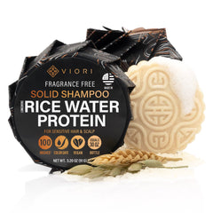 Viori Native Essence Shampoo Bar rice water close-up highlights nourishing oils for healthy-looking hair.