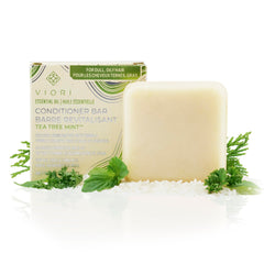 Viori Tea Tree Mint Conditioner Bar packaging showcases eco-friendly design for travel.