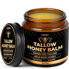 VIORY Tallow and Honey Balm jar closeup showing creamy texture for deep hydration.