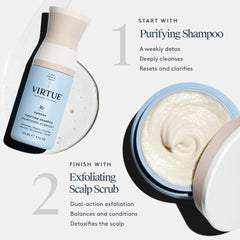 Fragrance close-up highlights citrus and floral notes in Virtue Detox shampoo.