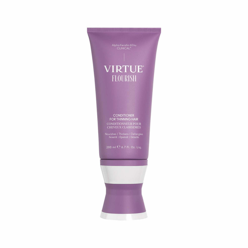 Virtue Flourish conditioner bottle demonstrates lightweight detangling for thinning hair.