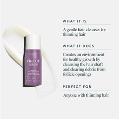 Virtue Flourish shampoo being applied with hands for lightweight detangling.