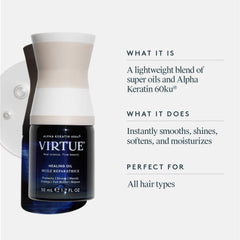 VIRTUE Healing Oil with Alpha Keratin 60ku close-up highlights healing proteins