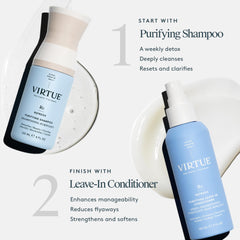VIRTUE Purifying Leave-In Hair Conditioner Spray on brush shows smoother, more manageable hair.