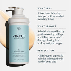 Virtue Recovery Shampoo foam lather highlights luxurious cleansing for daily use.