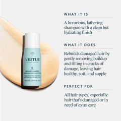 VIRTUE Recovery Shampoo lather close-up showing luxurious foam for gentle cleansing