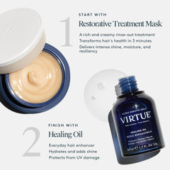 Virtue Restorative Hair Mask in hand conveys personal care and luxury hydration.