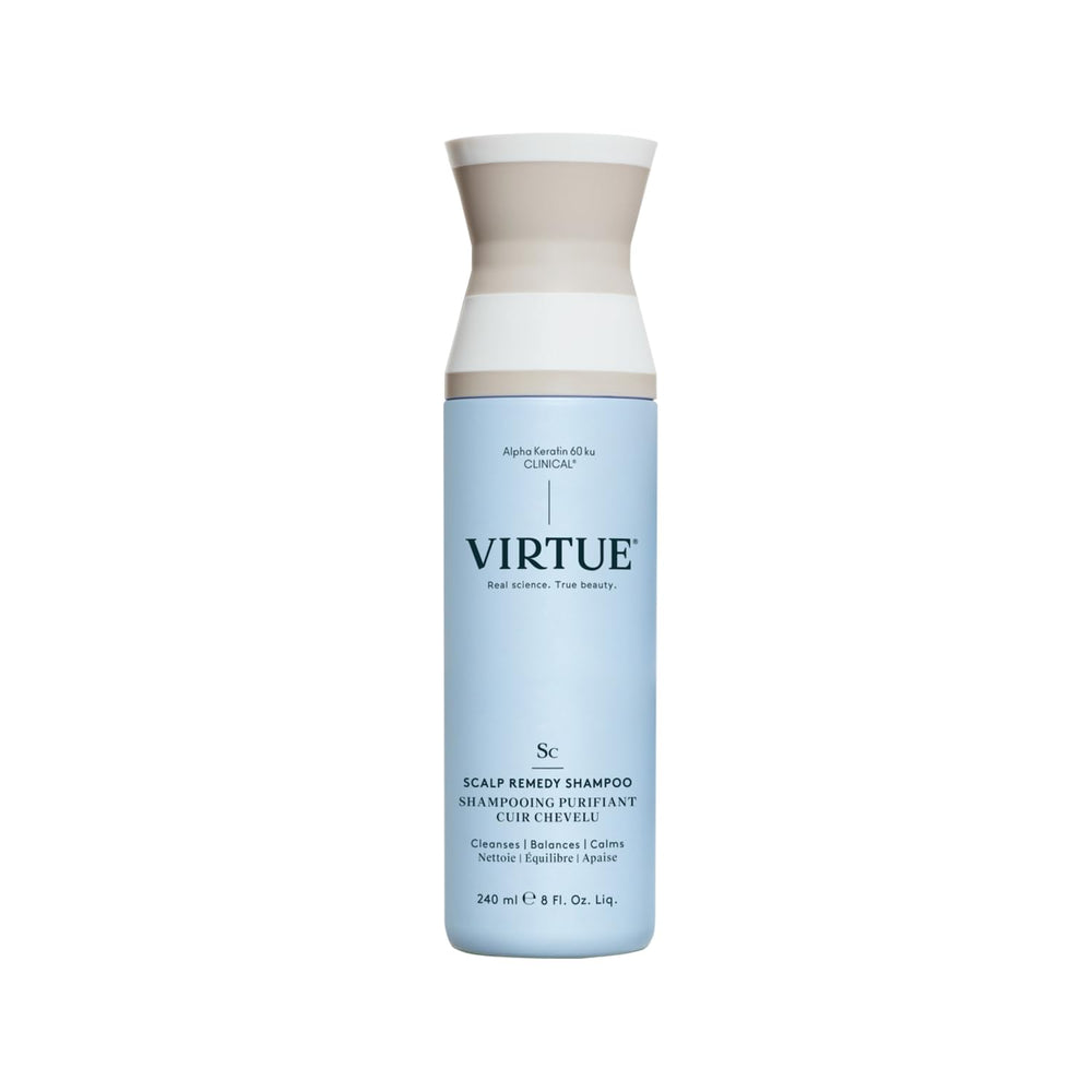 VIRTUE Scalp Remedy Shampoo bottle front emphasizes fragrance-free care for all hair types.