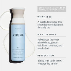 VIRTUE Scalp Remedy Shampoo pour demonstrates easy dispense for daily scalp care.